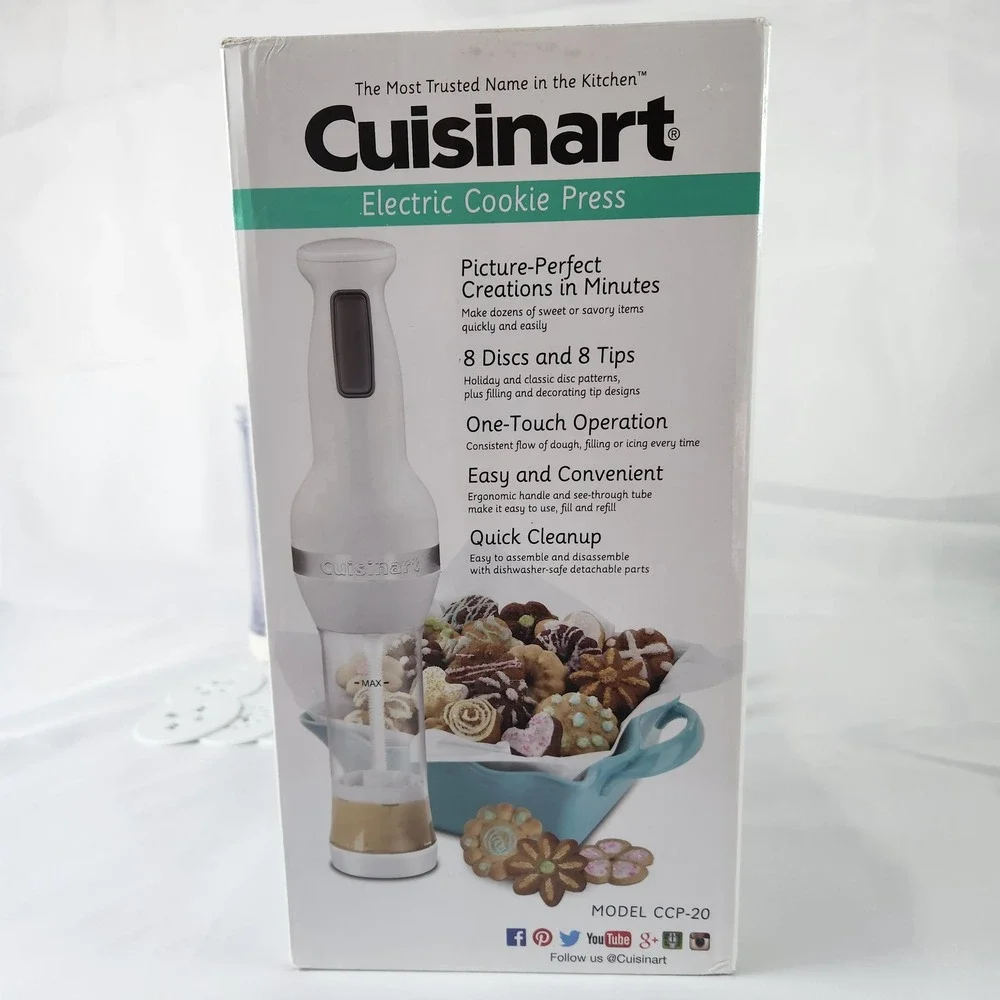 Cuisinart CCP-20 Electric Cookie Press White 8 Discs 8 Tips One-Touch Operation
